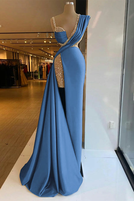 Luxury Satin Prom Dress High Split with Sequins Sleeveless Evening Gown  Ocean Blue