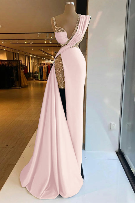 Luxury Satin Prom Dress High Split with Sequins Sleeveless Evening Gown Pink