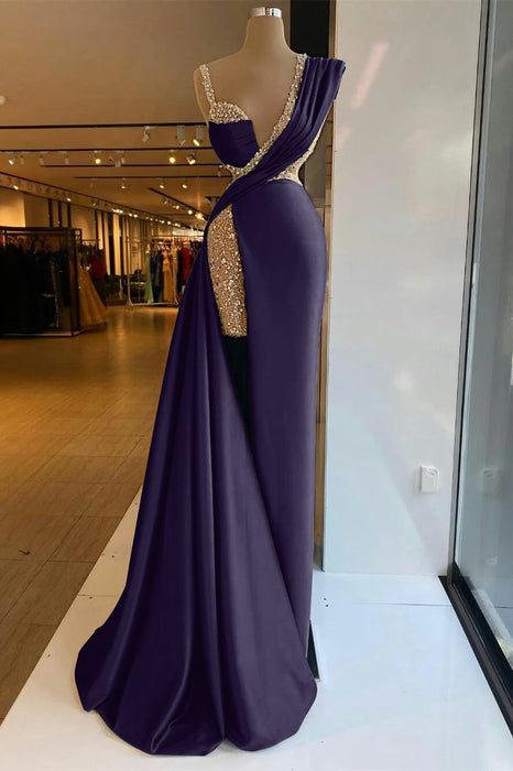 Luxury Satin Prom Dress High Split with Sequins Sleeveless Evening Gown Regency