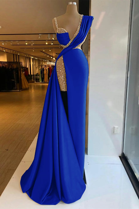 Luxury Satin Prom Dress High Split with Sequins Sleeveless Evening Gown Royal  Blue
