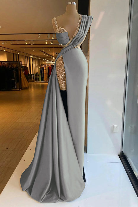 Luxury Satin Prom Dress High Split with Sequins Sleeveless Evening Gown Silver