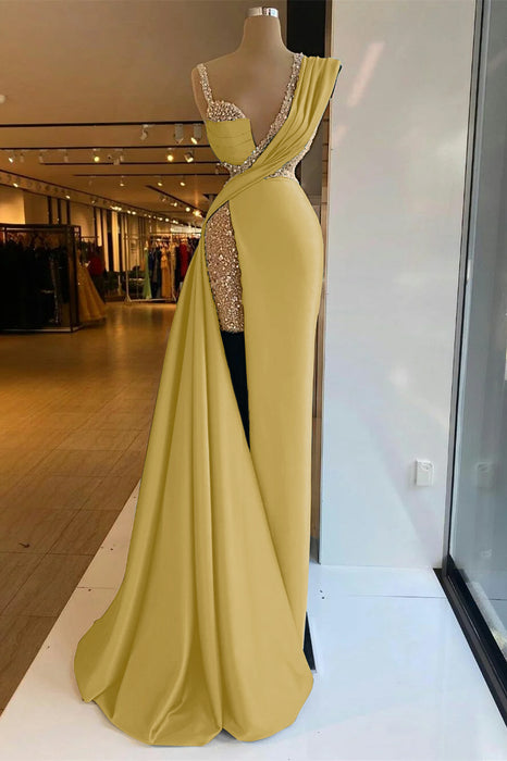 Luxury Satin Prom Dress High Split with Sequins Sleeveless Evening Gown Yellow