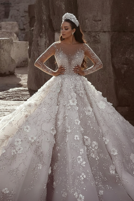 Luxury Long Sleeve V-Neck Ball Gown Wedding Dress-Bridelily Luxury Long Sleeve V-Neck Ball Gown Wedding Dress-Bridelily