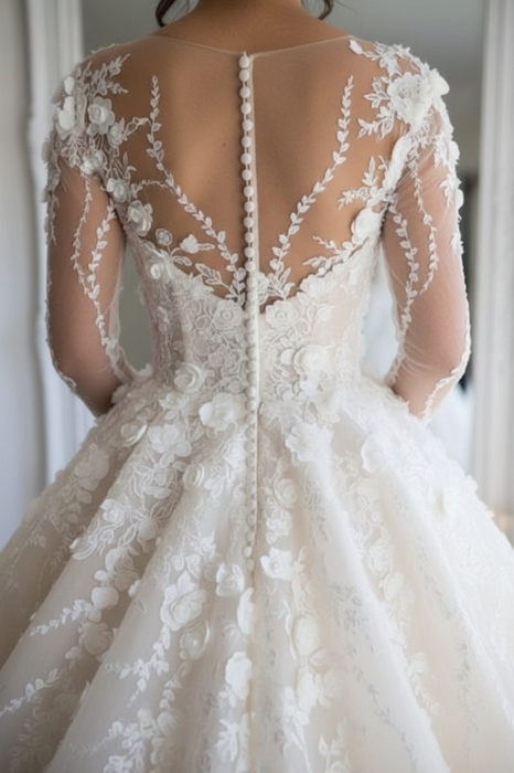 Long Sleeve Lace Wedding Dress V-Neck Bridal Gown with Chapel Train-Bridelily Long Sleeve Lace Wedding Dress V-Neck Bridal Gown with Chapel Train-Bridelily