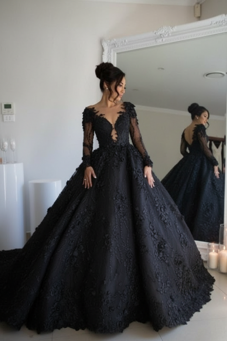 Long Sleeves Floral Lace Bridal Gown V-Neck Wedding Dress Black