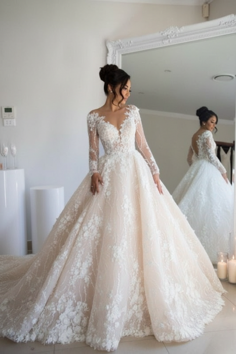 Long Sleeves Floral Lace Bridal Gown V-Neck Wedding Dress