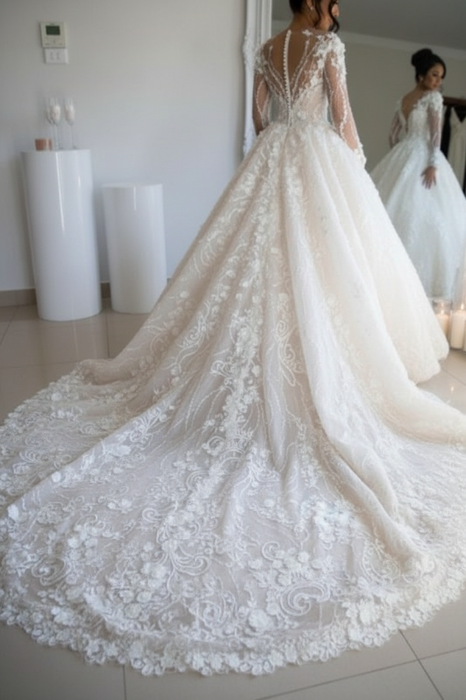 Long Sleeves Floral Lace Bridal Gown V-Neck Wedding Dress