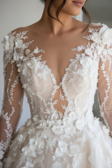Long Sleeves Floral Lace Bridal Gown V-Neck Wedding Dress