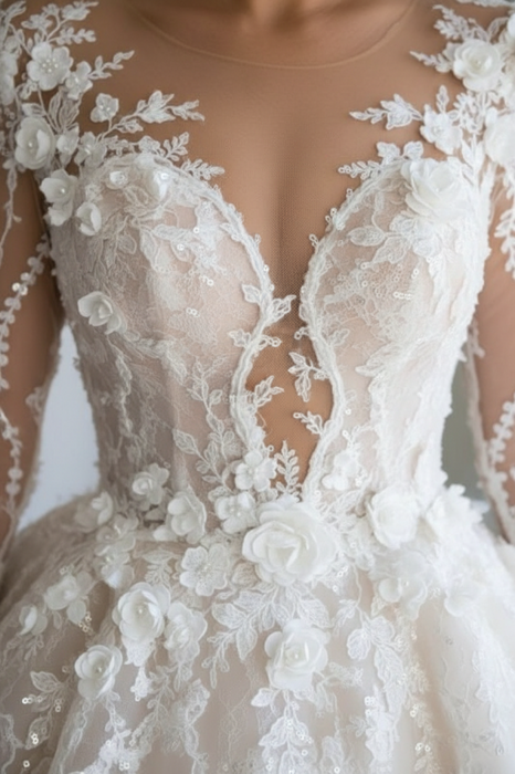 Long Sleeves Floral Lace Bridal Gown V-Neck Wedding Dress