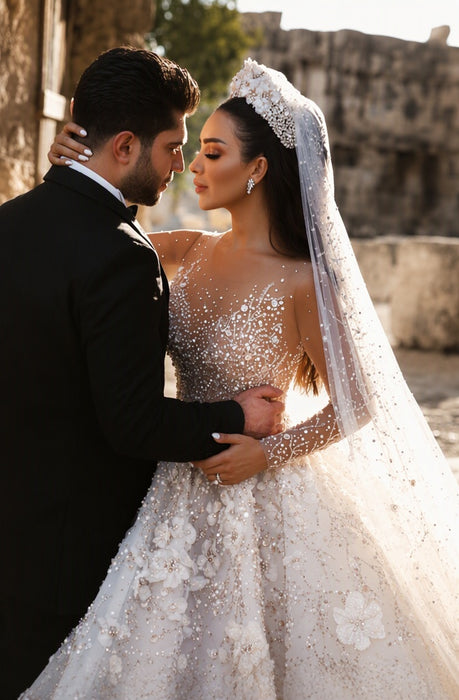 Luxury Long Sleeve V Neck Royal Ball Gown Wedding Dresses - wedding dresses