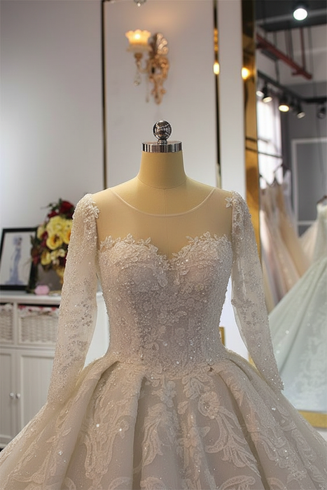 Luxury O-Neck Long Sleeves Lace- Up Ball Gown wedding Dresses - wedding dresses
