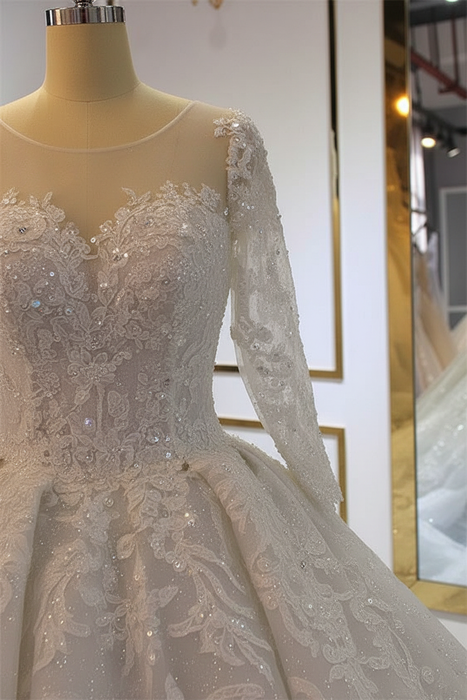 Luxury O-Neck Long Sleeves Lace- Up Ball Gown wedding Dresses - wedding dresses