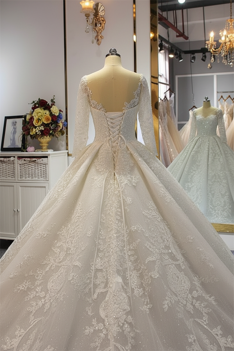 Luxury O-Neck Long Sleeves Lace- Up Ball Gown wedding Dresses - wedding dresses