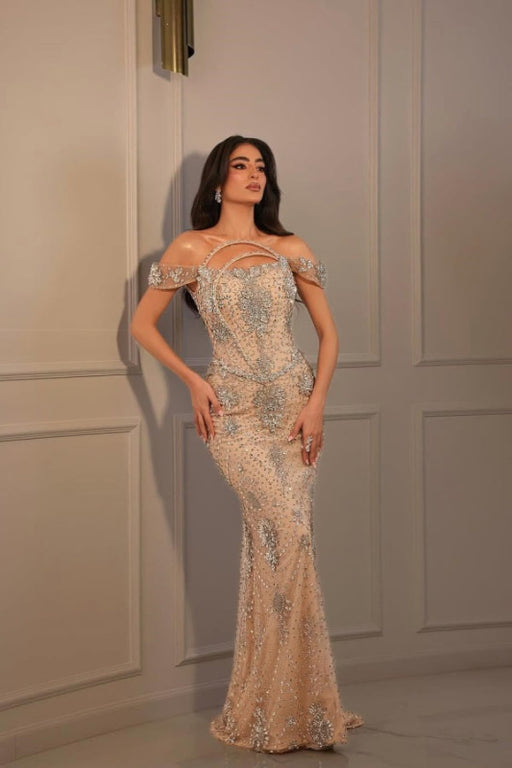 Luxury Off-the-Shoulder Glitter Beadings Evening Gown with Crystals