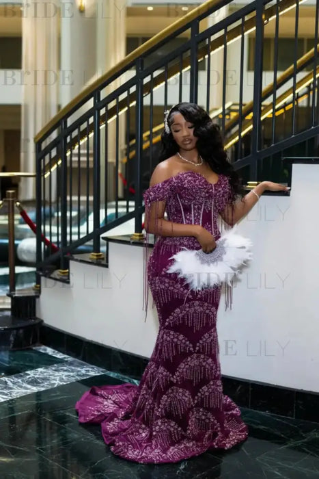 Luxury Off-the-Shoulder Sequins Prom Dress Mermaid Beadings Evening Gown with Tassels Regency