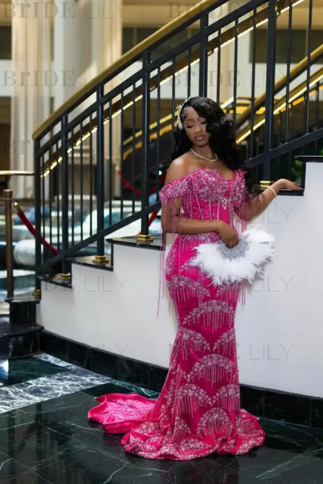 Luxury Off-the-Shoulder Sequins Prom Dress Mermaid Beadings Evening Gown with Tassels Hot Pink
