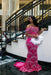 Luxury Off-the-Shoulder Sequins Prom Dress Mermaid Beadings Evening Gown with Tassels Hot Pink