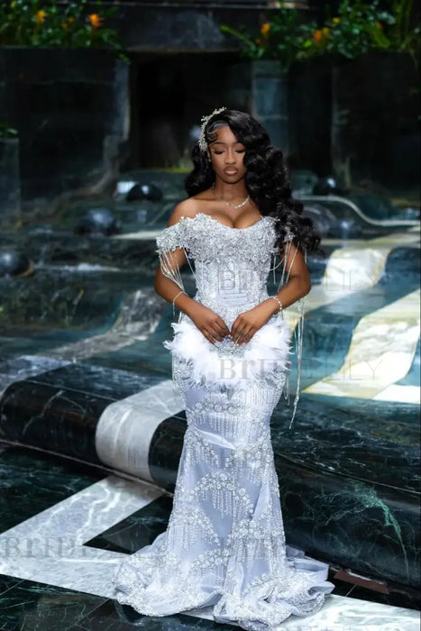 Luxury Off-the-Shoulder Sequins Prom Dress Mermaid Beadings Evening Gown with Tassels