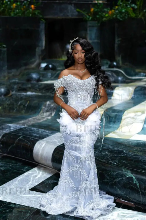 Luxury Off-the-Shoulder Sequins Prom Dress Mermaid Beadings Evening Gown with Tassels