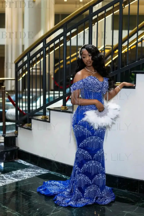 Luxury Off-the-Shoulder Sequins Prom Dress Mermaid Beadings Evening Gown with Tassels Royal Blue