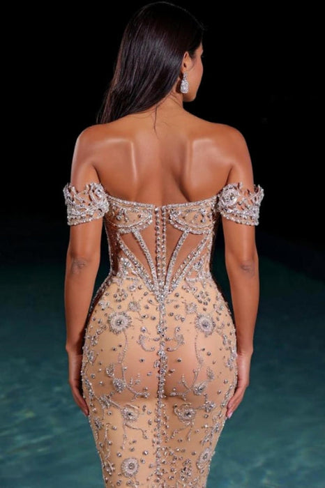 Luxury Off-the-Shoulder Shiny Embellishments Mermaid Evening Gown with Beadings