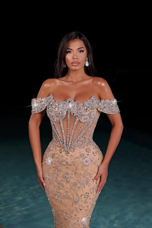 Luxury Off-the-Shoulder Shiny Embellishments Mermaid Evening Gown with Beadings