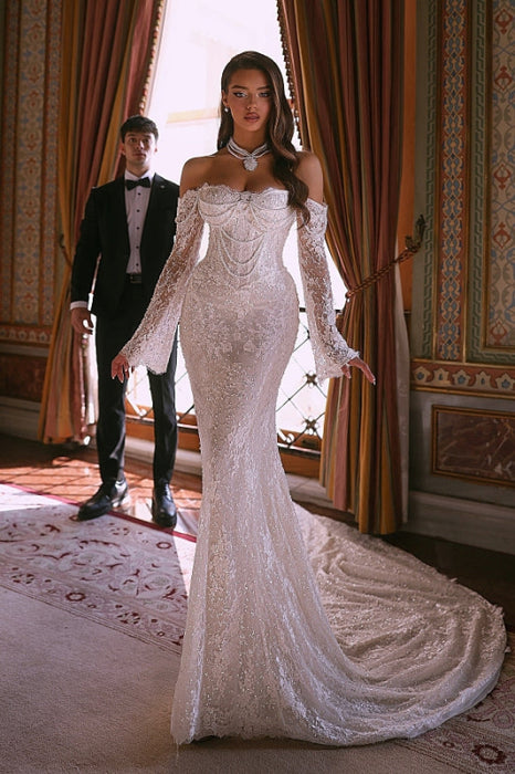 lace sleeve wedding dress mermaid Elegant V Neck Dresses Long Sleeves Appliques Buttons Back New shoulder neckline enhances its elegant charm Long Sleeve Mermaid Lace Wedding