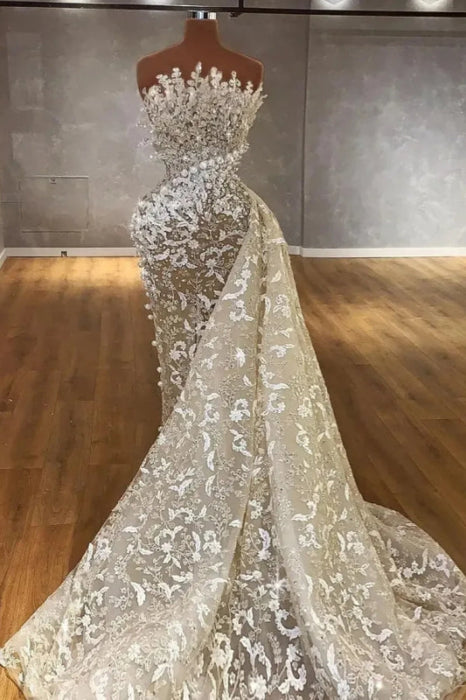 Luxury Pearls Mermaid Wedding Dresses Bride Gowns With Detachable Train Lace Beaded Applique Vestido De Novia