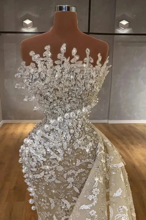 Luxury Pearls Mermaid Wedding Dresses Bride Gowns With Detachable Train Lace Beaded Applique Vestido De Novia