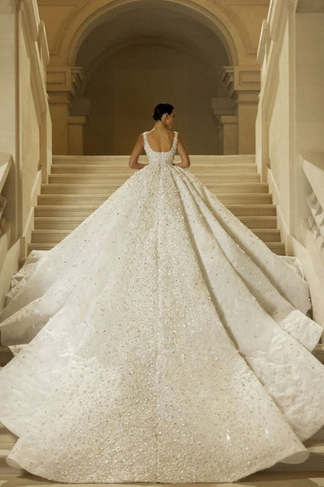 Luxury Square Neck Sequins Ball Gown Wedding Dress Sleeveless