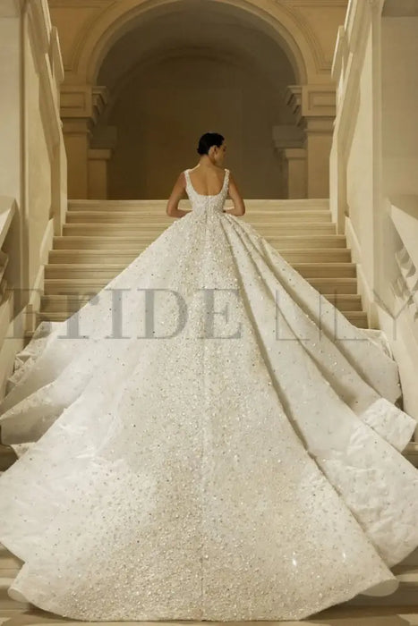 Luxury Square Neck Sequins Ball Gown Wedding Dress Sleeveless