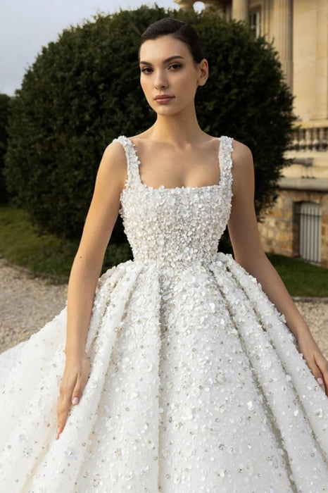 Luxury Square Neck Sequins Ball Gown Wedding Dress Sleeveless