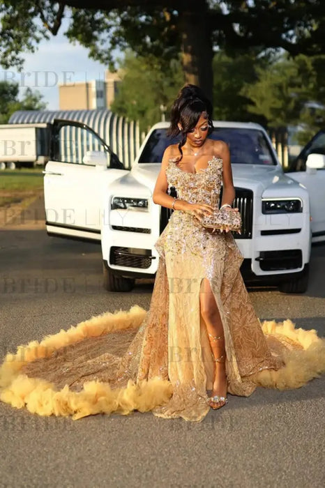 Luxury Strapless Sequins Prom Dress Gold Mermaid Evening Gown with High Slit