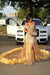 Luxury Strapless Sequins Prom Dress Gold Mermaid Evening Gown with High Slit