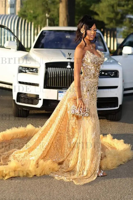 Luxury Strapless Sequins Prom Dress Gold Mermaid Evening Gown with High Slit