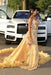 Luxury Strapless Sequins Prom Dress Gold Mermaid Evening Gown with High Slit