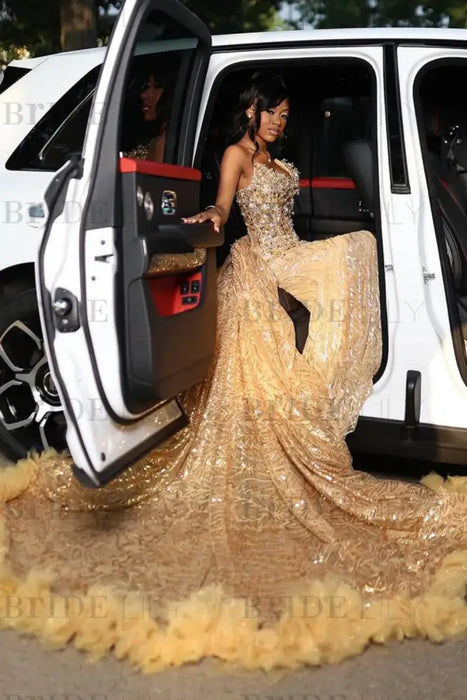 Luxury Strapless Sequins Prom Dress Gold Mermaid Evening Gown with High Slit