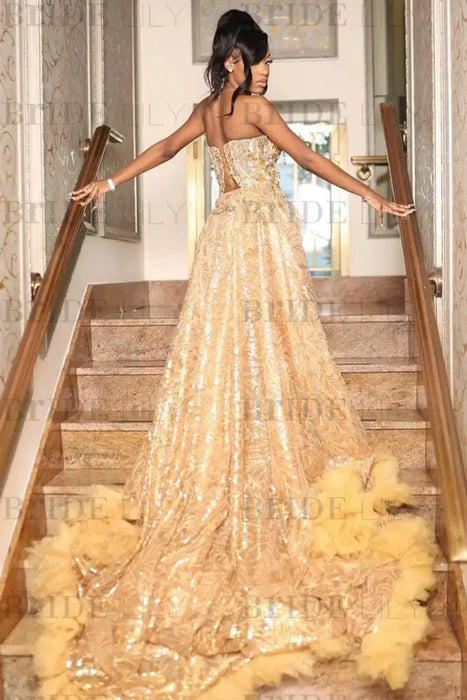 Luxury Strapless Sequins Prom Dress Gold Mermaid Evening Gown with High Slit
