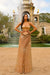 Luxury Strapless Gold Satin Long Evening Dress with Beadings