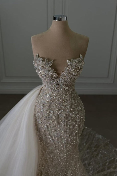 Luxury Sweetheart Glitter Beaded Mermaid Wedding Gown with Train