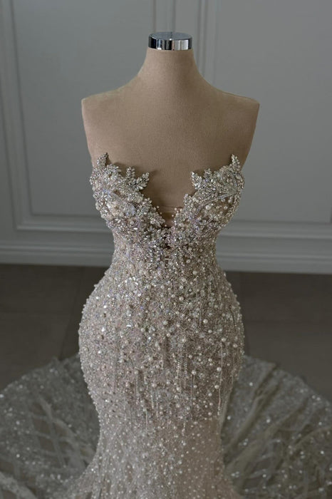 Luxury Beaded Mermaid Wedding Dress Sweetheart Train-Bridelily