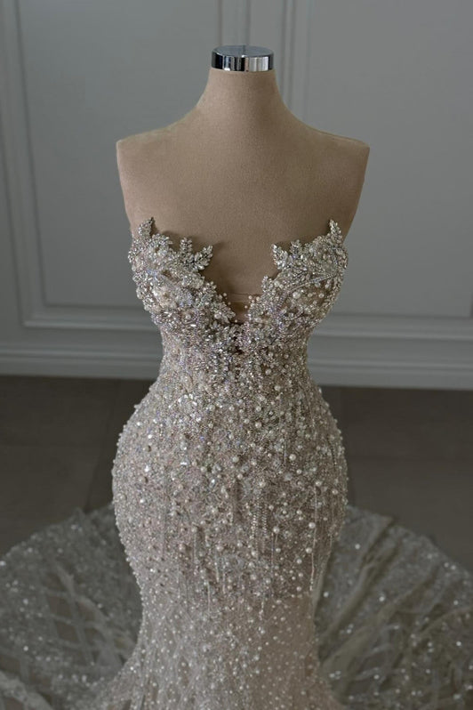 Luxury Beaded Mermaid Wedding Dress Sweetheart Train-Bridelily