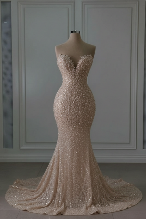 Luxury Beaded Mermaid Wedding Dress Sweetheart Train-Bridelily Luxury Beaded Mermaid Wedding Dress Sweetheart Train-Bridelily