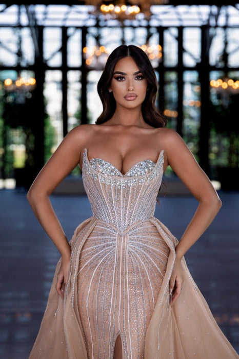 Luxury Sweetheart Sequined Mermaid Evening Dress Beadings Front Split Party Dress with Train