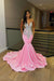 Glamorous Sliver And Pink V Neck Mermaid Prom Dress Sleeveless With Appliques