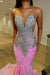 Glamorous Sliver And Pink V Neck Mermaid Prom Dress Sleeveless With Appliques