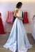 Marvelous Fascinating A-line Light Blue Two Piece Short Sleeves Round Neck Satin Prom Dress with Lace - Prom Dresses