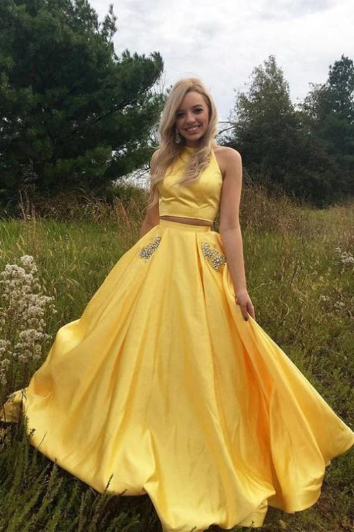 Marvelous Latest Yellow Satin Two Pieces Long Homecoming with Silver Beading Prom Dress - Prom Dresses