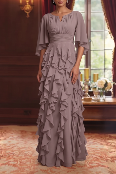 Mauve Chiffon Mother of the Bride Dress Flutter Sleeves with Cascading Ruffles