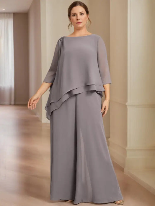 Mauve grey plus size mother of the bride pantsuit with layered chiffon top